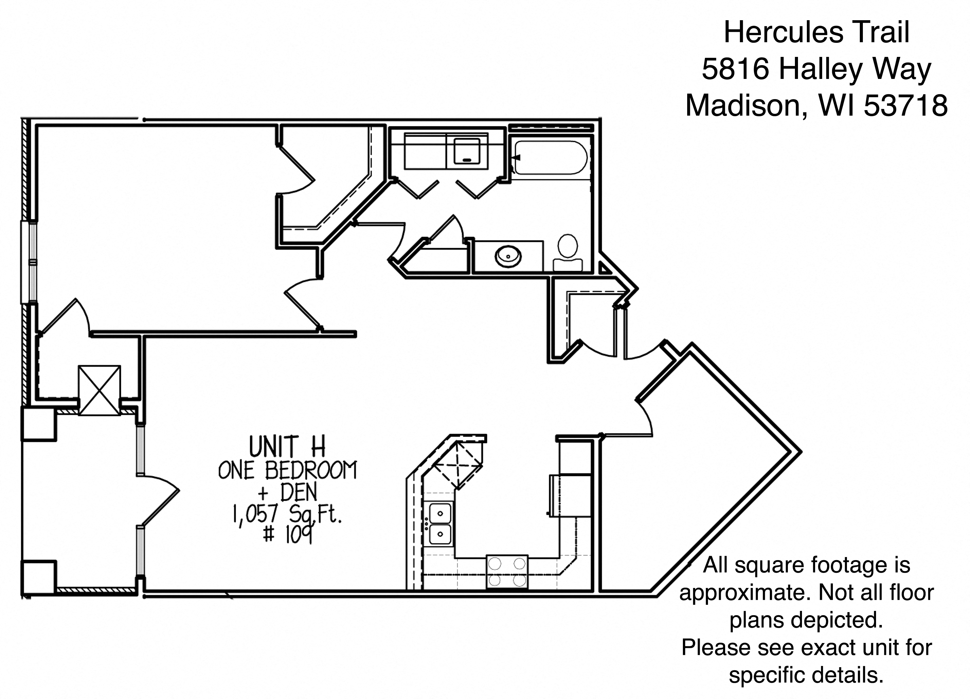 Floor plan for 1 bed, 1 bath, 1057 sqft